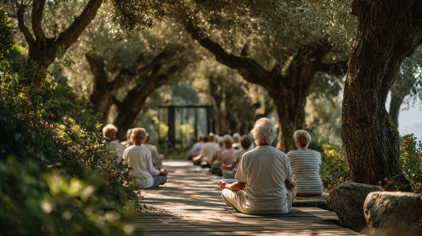 Група старших людей практикує йогу на свіжому повітрі